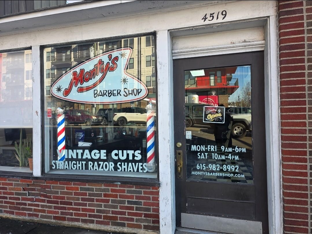 The storefront of Monty's Barber Shop at 4519 Charlotte Ave, Nashville